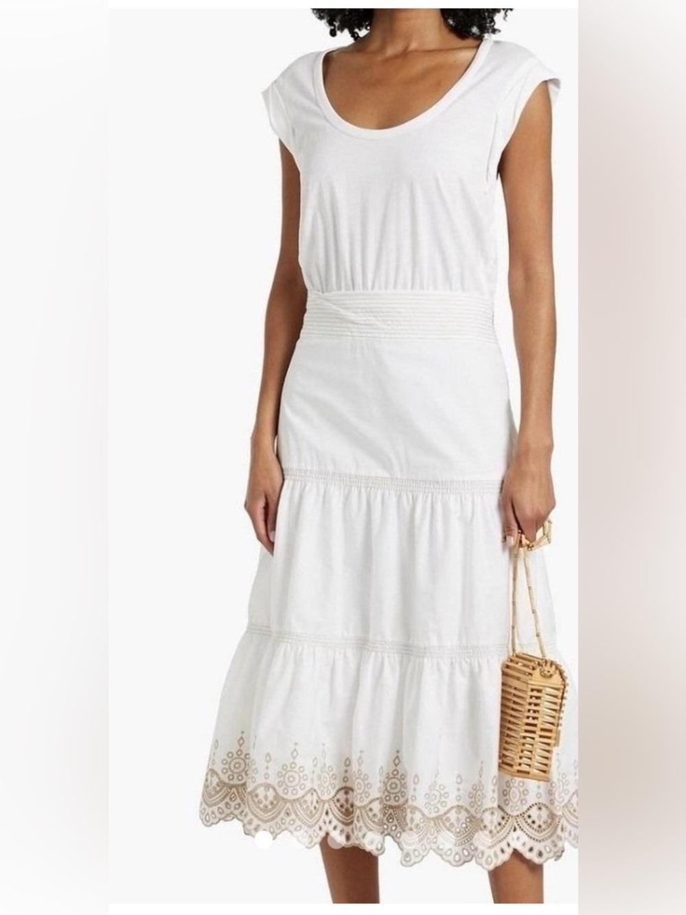 Veronica Beard White Tiered Eyelet Midi Skirt with Cream Embroidery ~ worn 1x